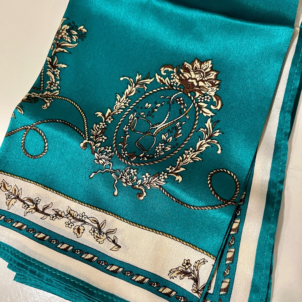 Beautiful Teal and Cream Silk Head Scarf - Picture 3 of 7